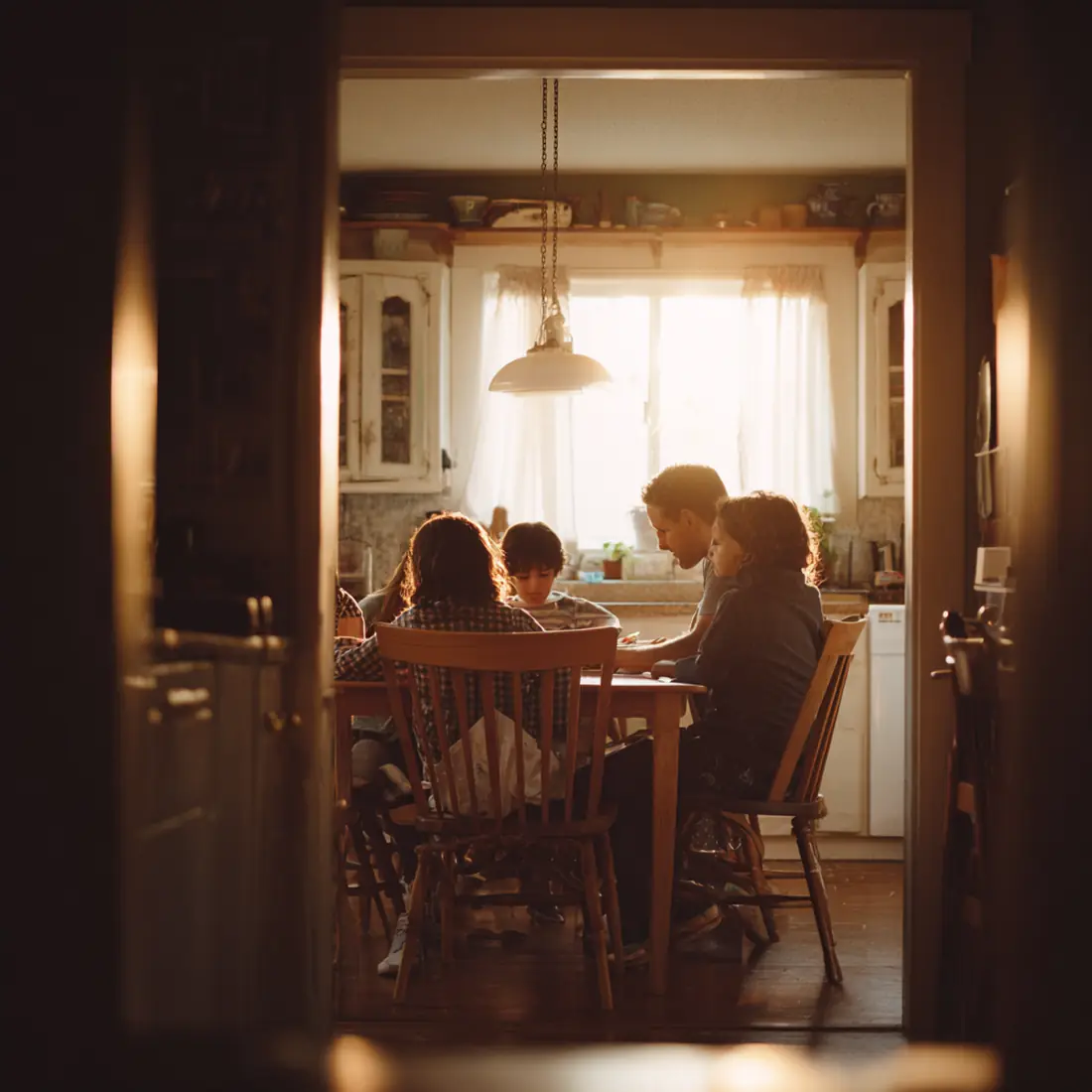 Familia hispana multigeneracional reunida en la mesa de la cocina hablando con calma