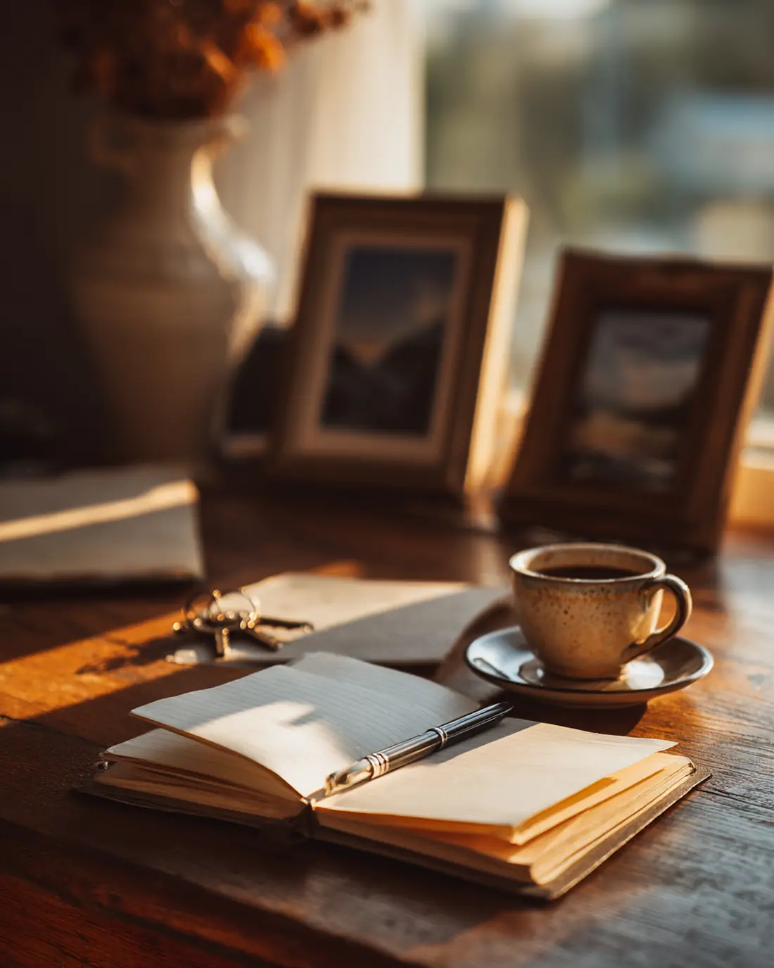Escritorio con cuaderno y dispositivos: fotos y criptomonedas como legado digital